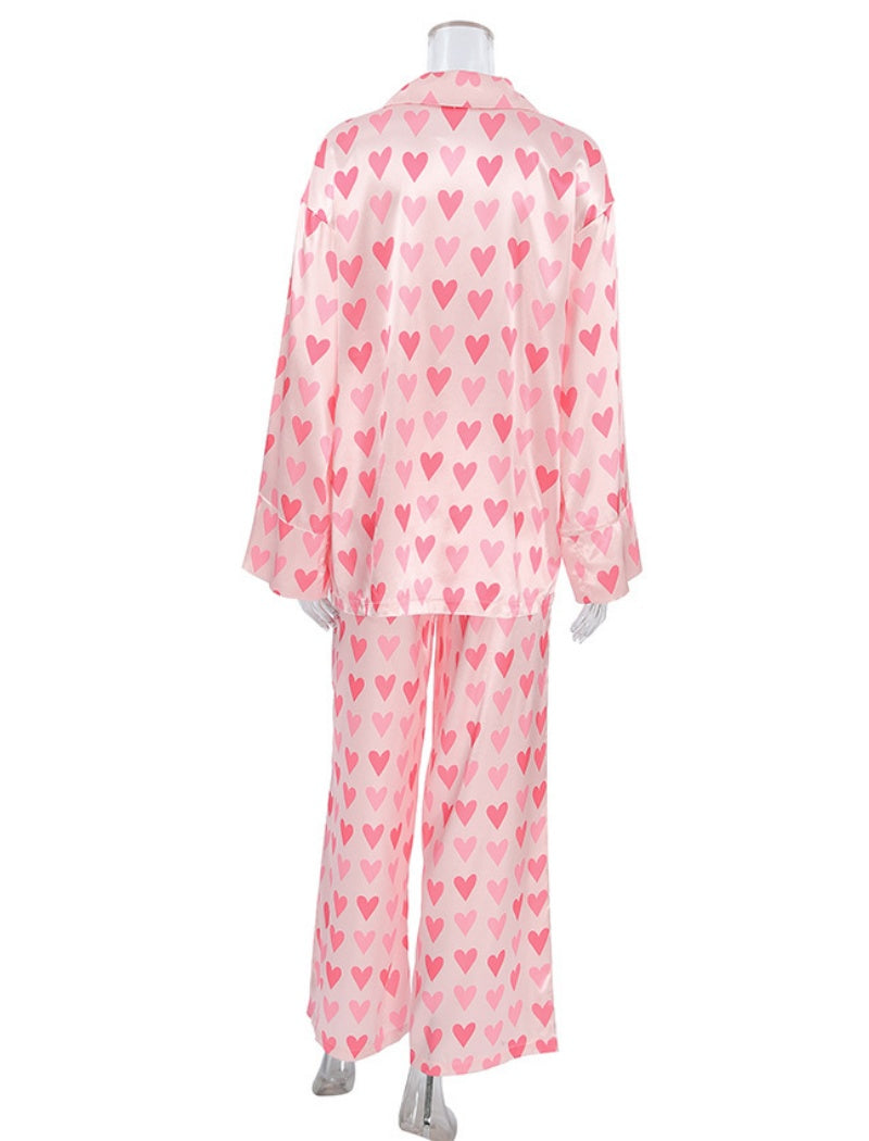 Heart Pattern Button-Up Pajama Set