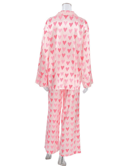 Heart Pattern Button-Up Pajama Set