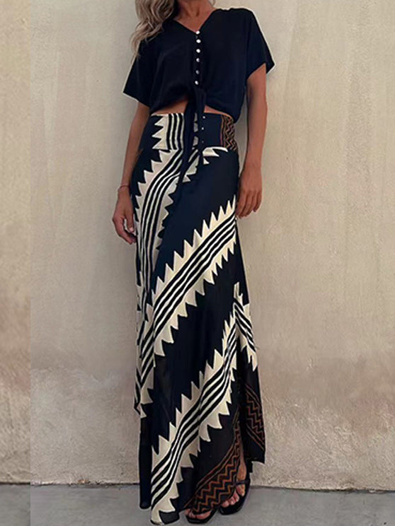 Solid Tank and Graphic Print Skirt Set