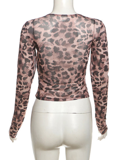 Long-Sleeve Leopard Mesh Top