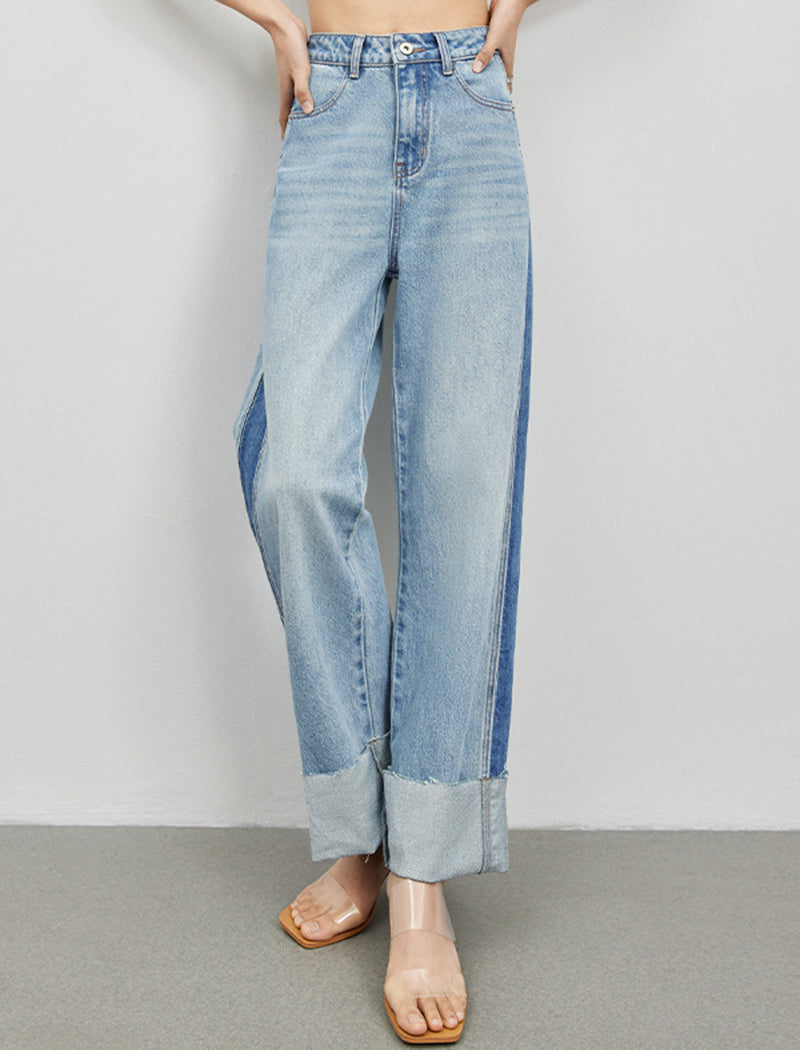 Colorblock Cuffed Wide-Leg Jeans
