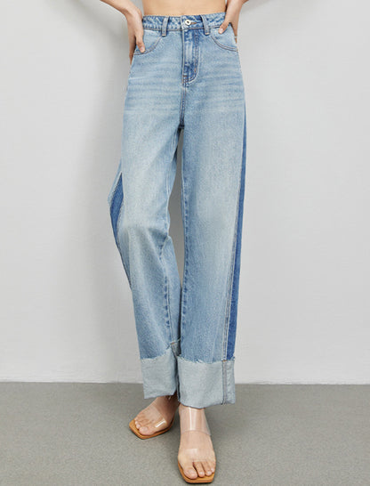 Colorblock Cuffed Wide-Leg Jeans