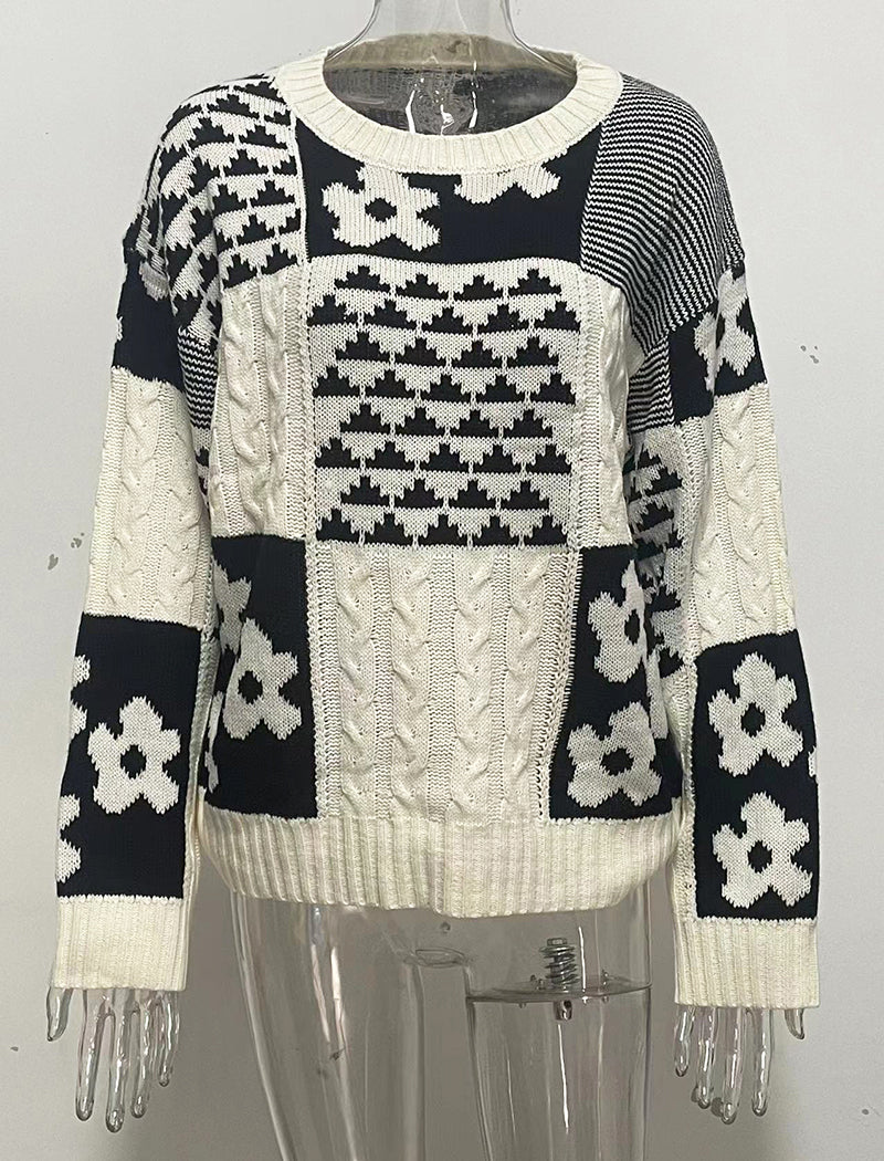 Floral Block Loose Knit Pullover