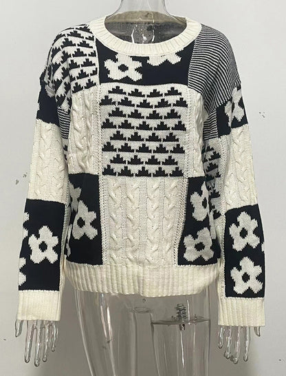 Floral Block Loose Knit Pullover