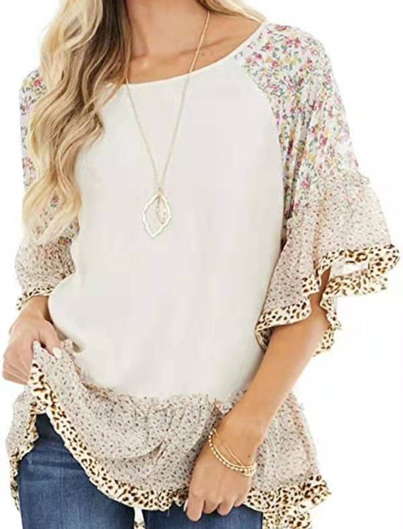 Batwing Sleeve Patchwork Leopard Tee