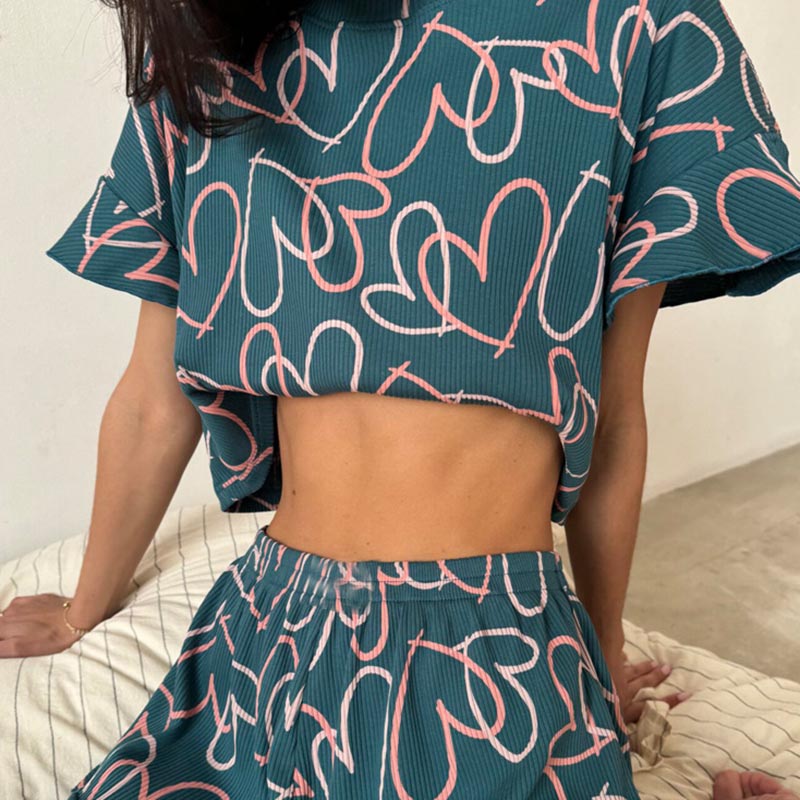 Graphic Ruffle Hem Cropped Shirt &amp; Shorts Pajama Set