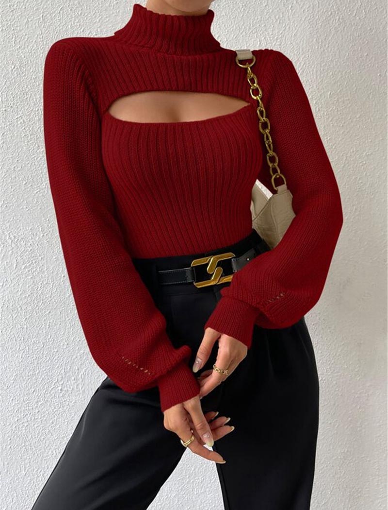 Ribbed Cutout Turtleneck Sweater