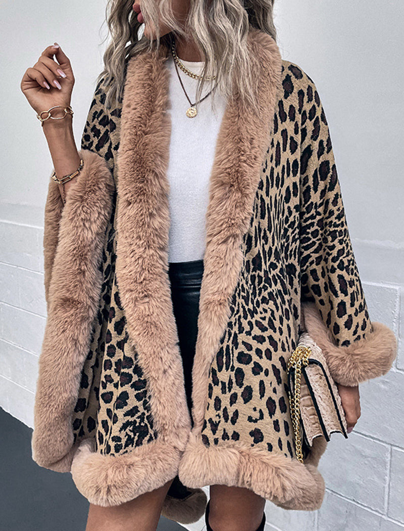 Leopard Print Faux Fur Trim Cape