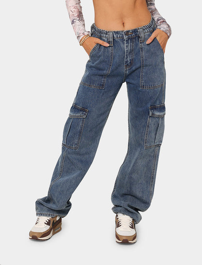 Denim Semi-Elastic Cargo Pants