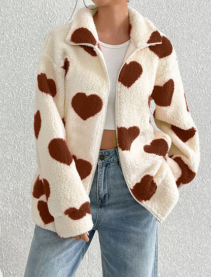 Fleece Heart Print Zip-Up Cardigan