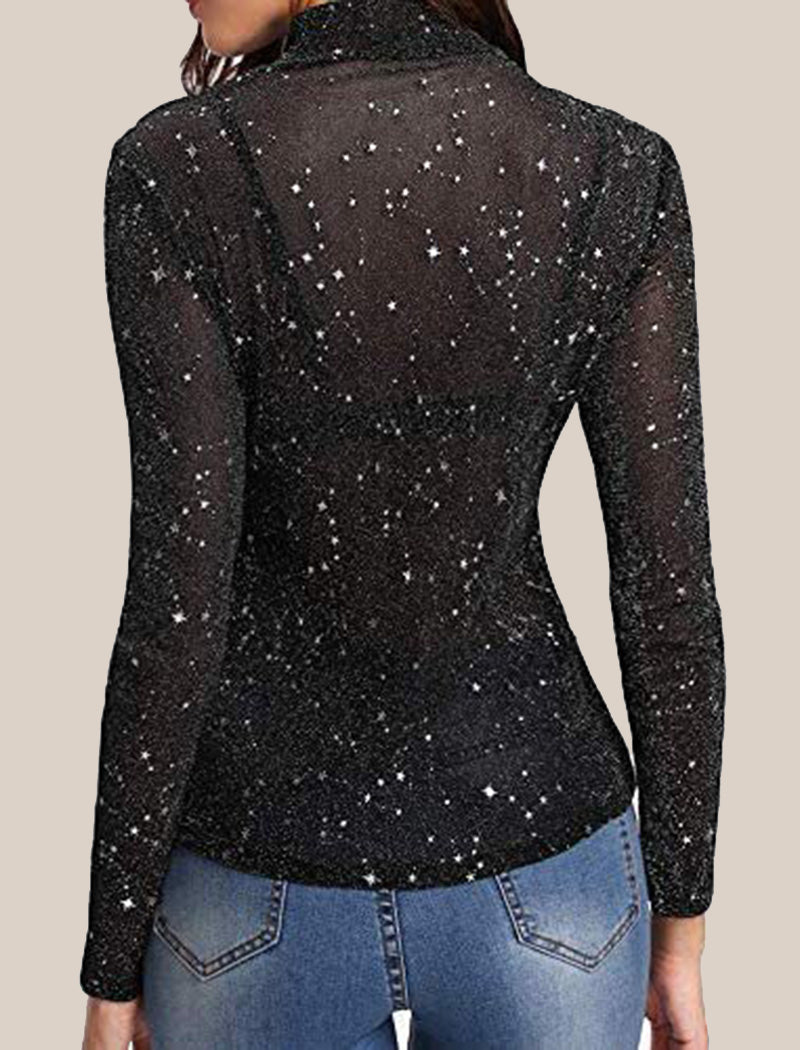 Star-Patterned Sheer Mock Neck Top