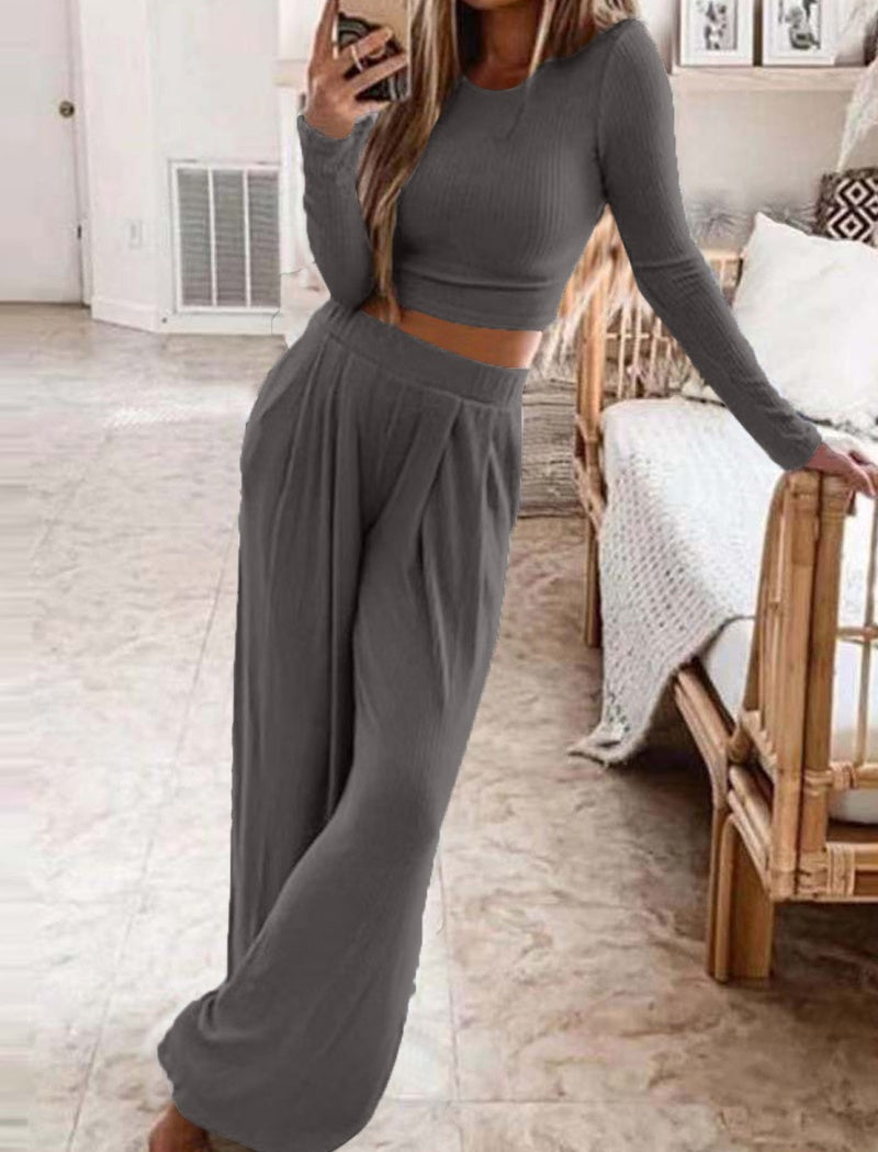 Ribbed Two-Piece Crop Top and Wide Pants Set