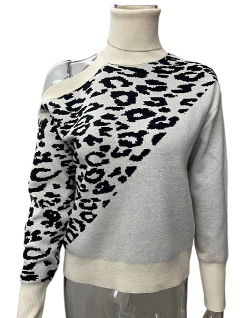 Leopard Print Off-Shoulder Knit Sweater