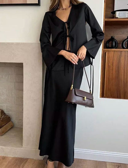 Tie-Front Bell Sleeve Top and Maxi Skirt Set