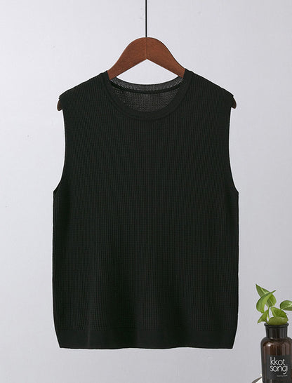 Sleeveless Wide-Shoulder Knit Crewneck Top