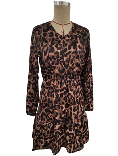 Leopard Print Long Sleeve Tiered Dress