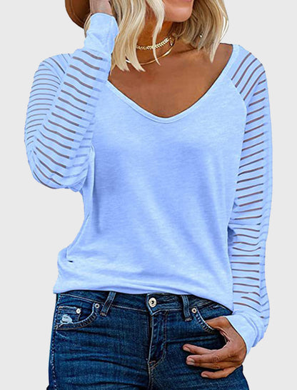 Striped Sleeve V-Neck Long Sleeve Tee