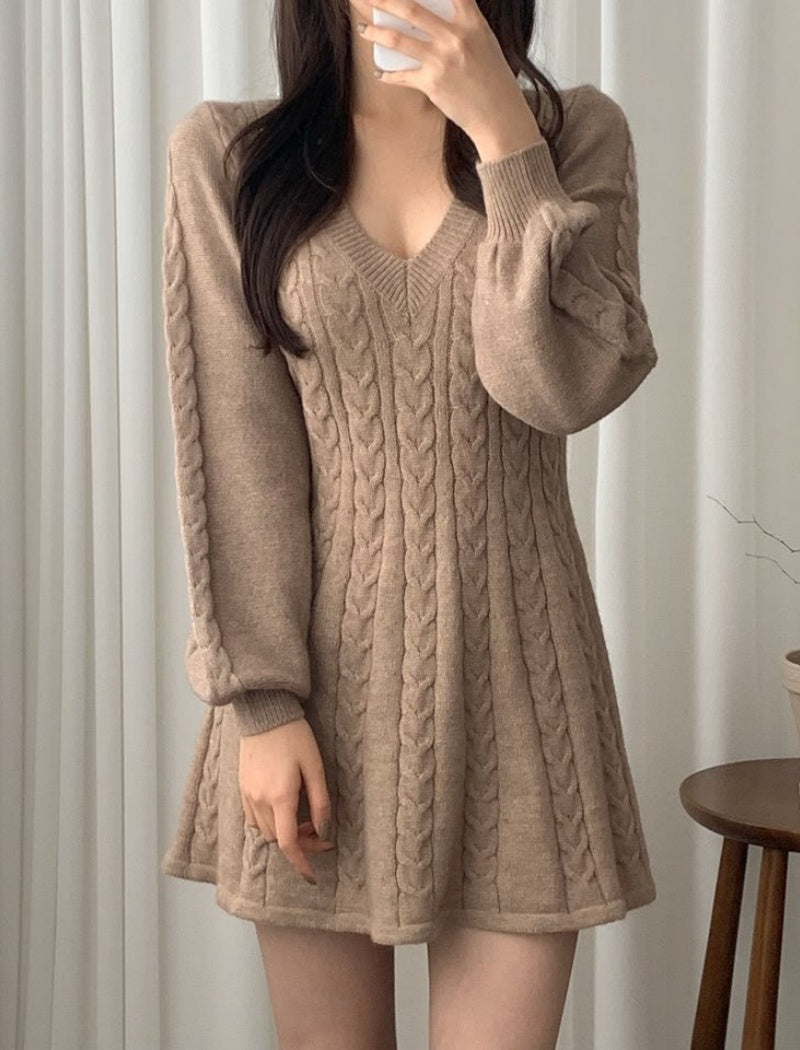 Cable Knit V-neck Sweater Dress