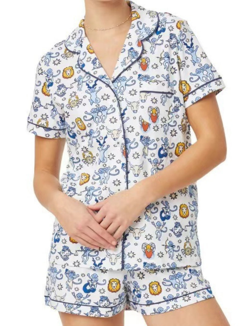 Printed Pajama Set with Contrast Piping