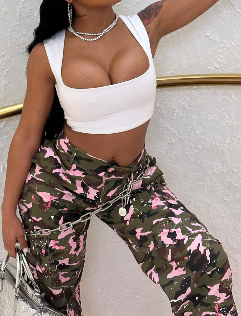 Camouflage Pattern High-Waisted Cargo Pants