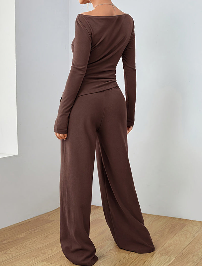 Fitted Long-Sleeve Top and Wide-Leg Pants Set