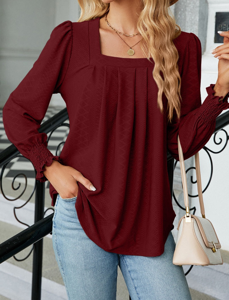 Jacquard Pleated Square Neck Long Sleeve Top