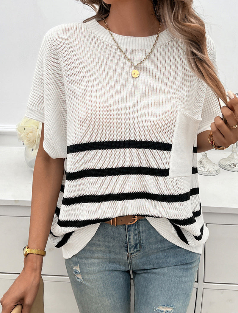 Striped Loose-Fit Pocket Knit Top