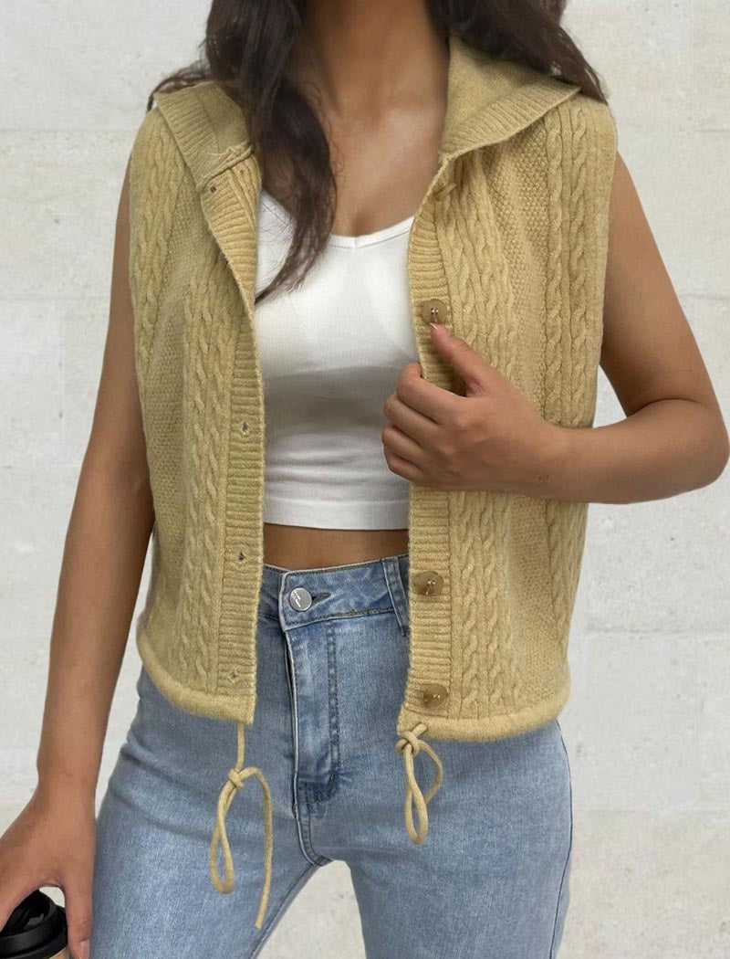 Cable-Knit Button-Up Sleeveless Vest