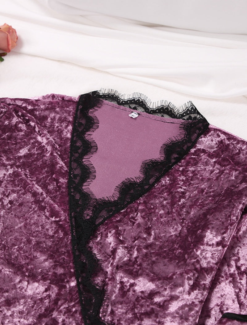 Velvet Lace Trim Robe and Nightgown Set