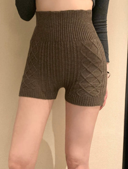 Knitted High-Waisted Solid Color Shorts