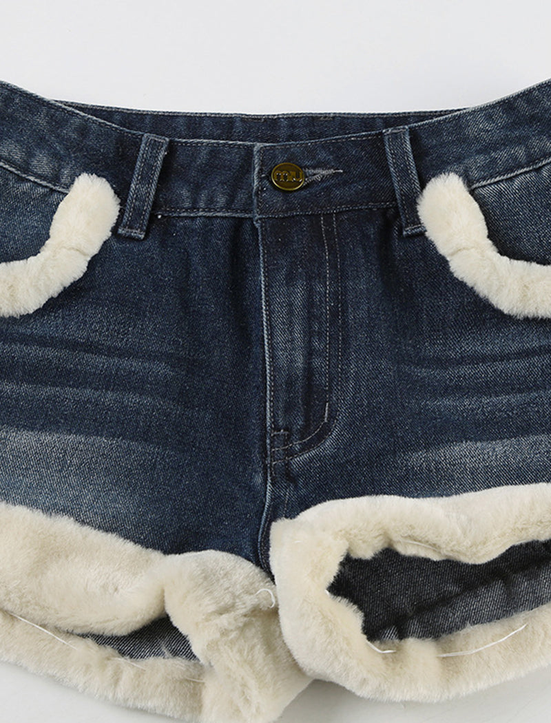 Patchwork Faux Fur Denim Shorts