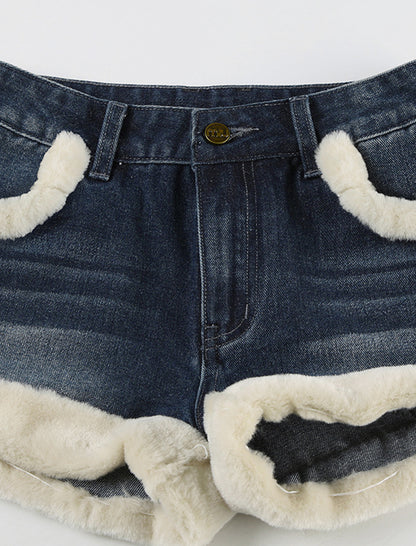 Patchwork Faux Fur Denim Shorts