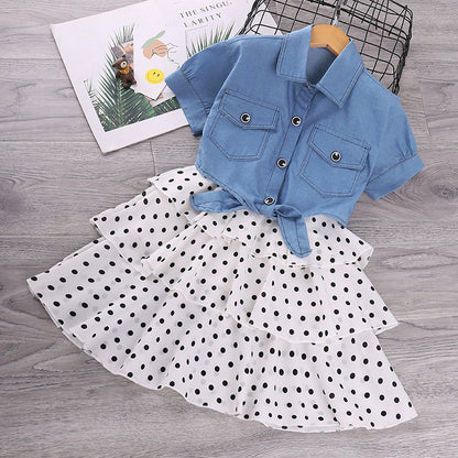 Denim Shirt and Polka Dot Layered Mini Skirt Set (Kids)