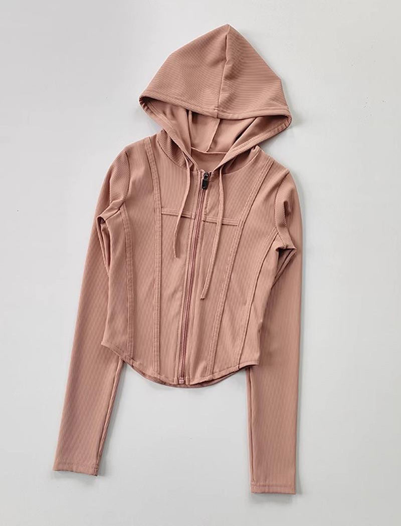 Fitted Ribbed Zip-Up Hoodie Top