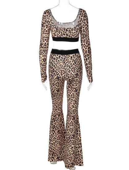 Leopard Crop Top and Flared-Leg Pants Set