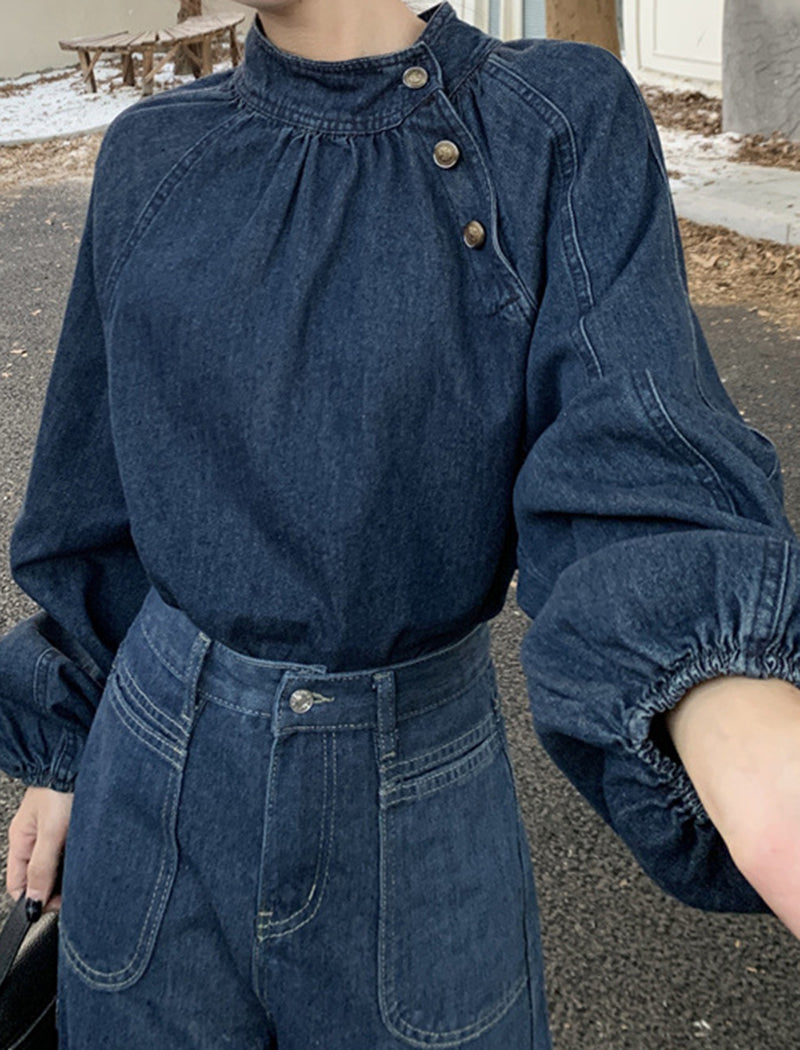 Puff Sleeve Denim Bow Tie Top