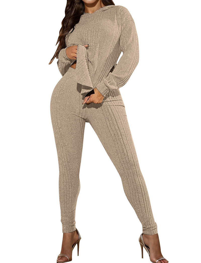 Solid Ribbed Loose Hooded Pants Set