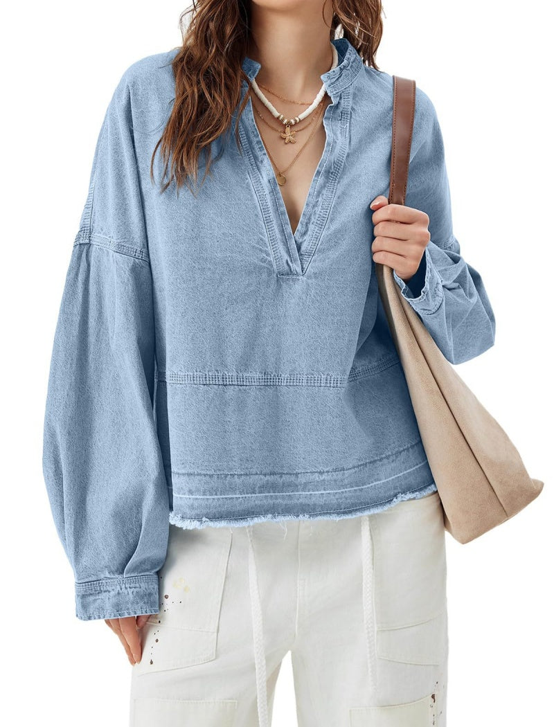 Distressed Hem Denim Pullover Top