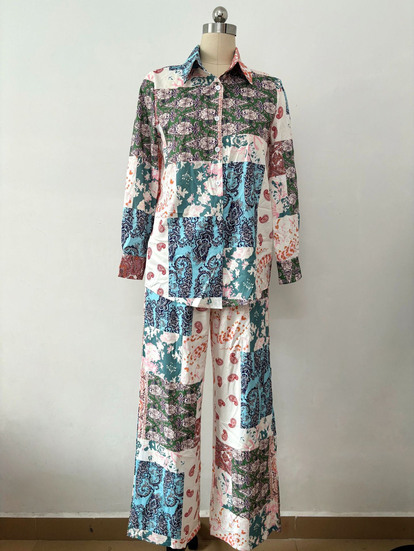 Paisley Button-Up Shirt and Wide-Leg Pants Set