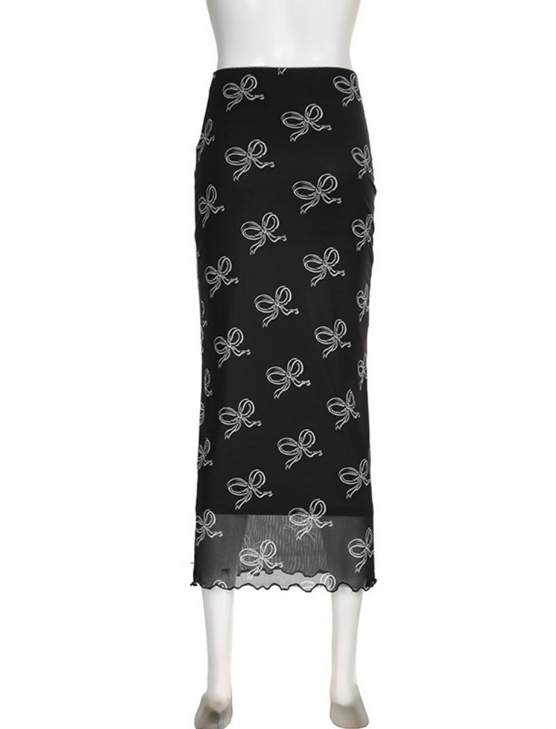 Bow Print Mesh Midi Skirt