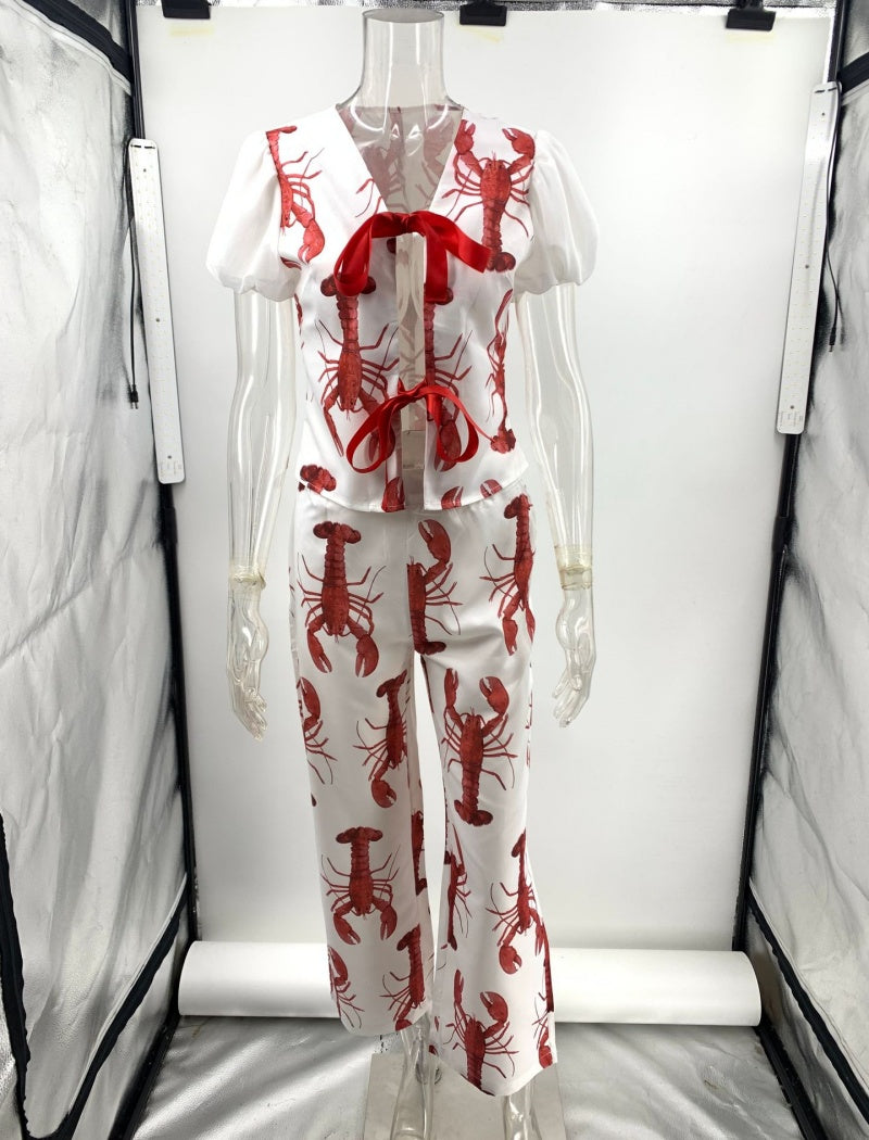 Lobster Print Bow Tie Casual Two-piece Set