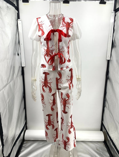 Lobster Print Bow Tie Casual Two-piece Set