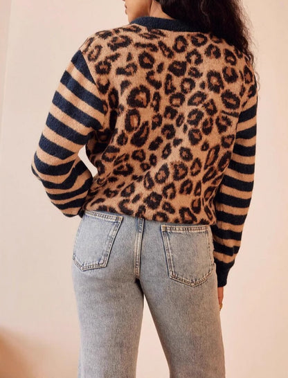 Leopard Print Knit Cardigan with Striped Sleeves