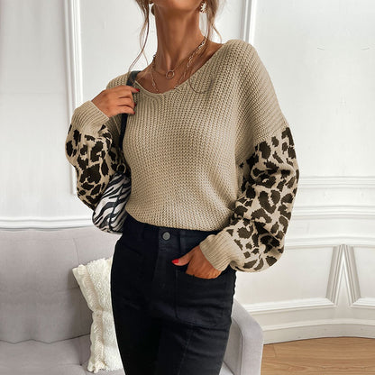 Leopard Sleeve Patchwork Knit Sweater