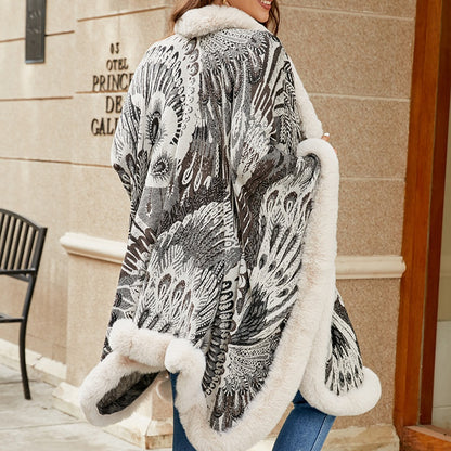 Faux Fur Trimmed Printed Cape