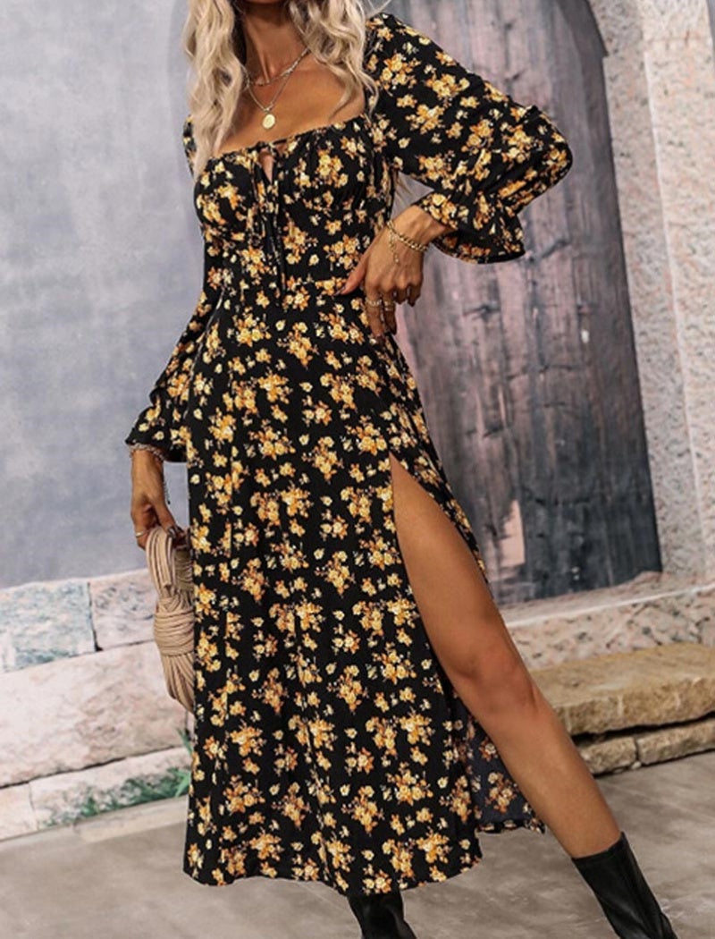 Floral Long Sleeve Backless Dress