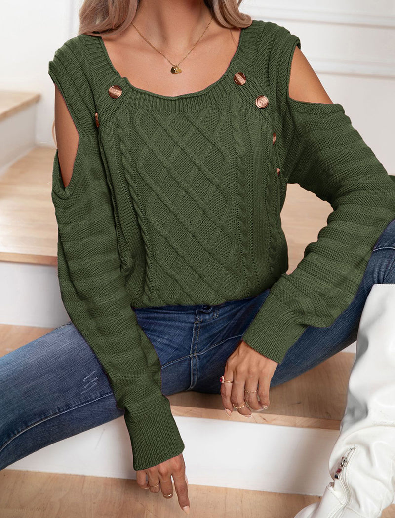 Cold Shoulder Cable Knit Pullover Sweater