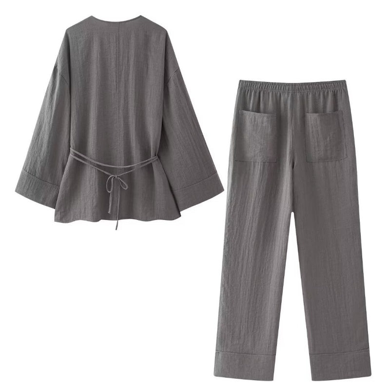 Wrap-Style Top and Wide-Leg Pants Set