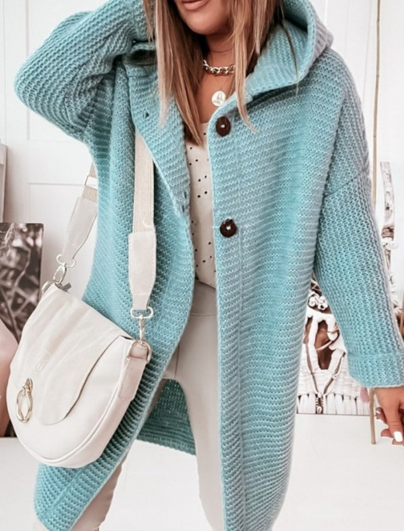 Oversized Button-Up Knit Hooded Cardigan