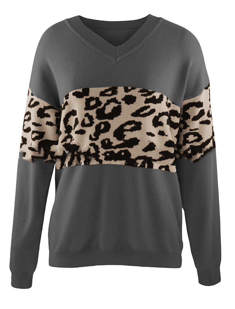 Leopard Accent V-Neck Sweater